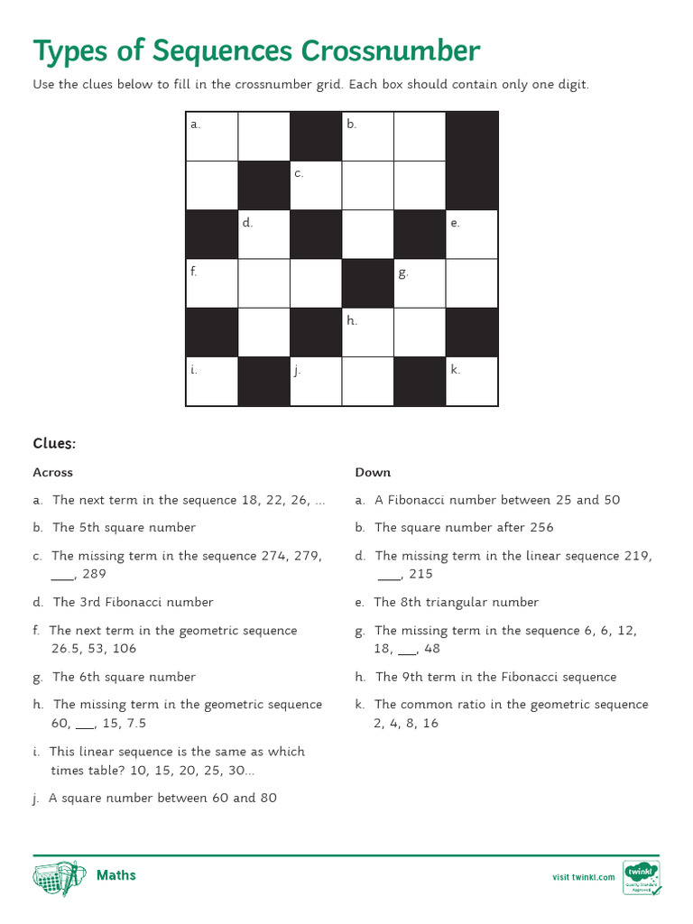 Types of Sequences Crossnumber Activity Sheet | PDF | Mathematics ...