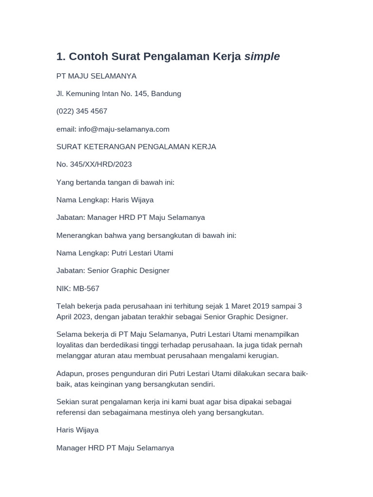 Surat Pengalaman Kerja Resmi | PDF