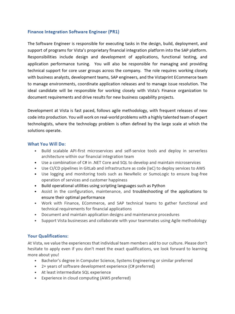 Finance Integration Team - Software Engineer (PR1) FY24Q2 v2 | PDF ...