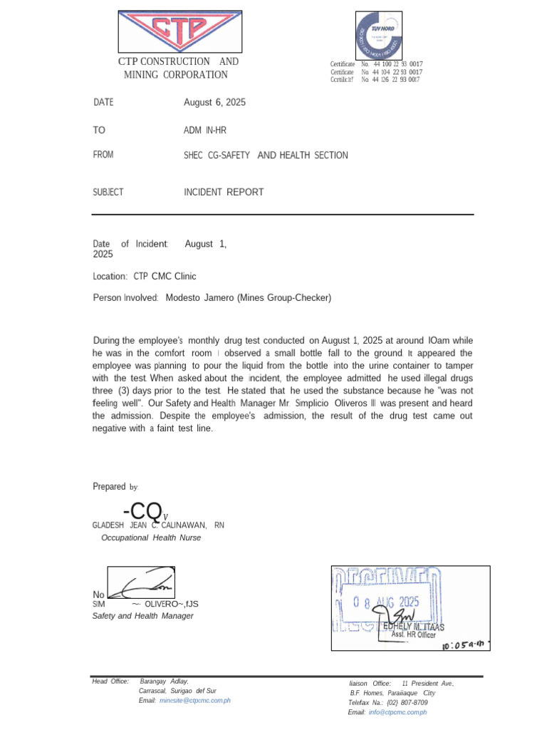 JAMERO, Modesto - Incident Report | PDF | Workplace | Occupational ...