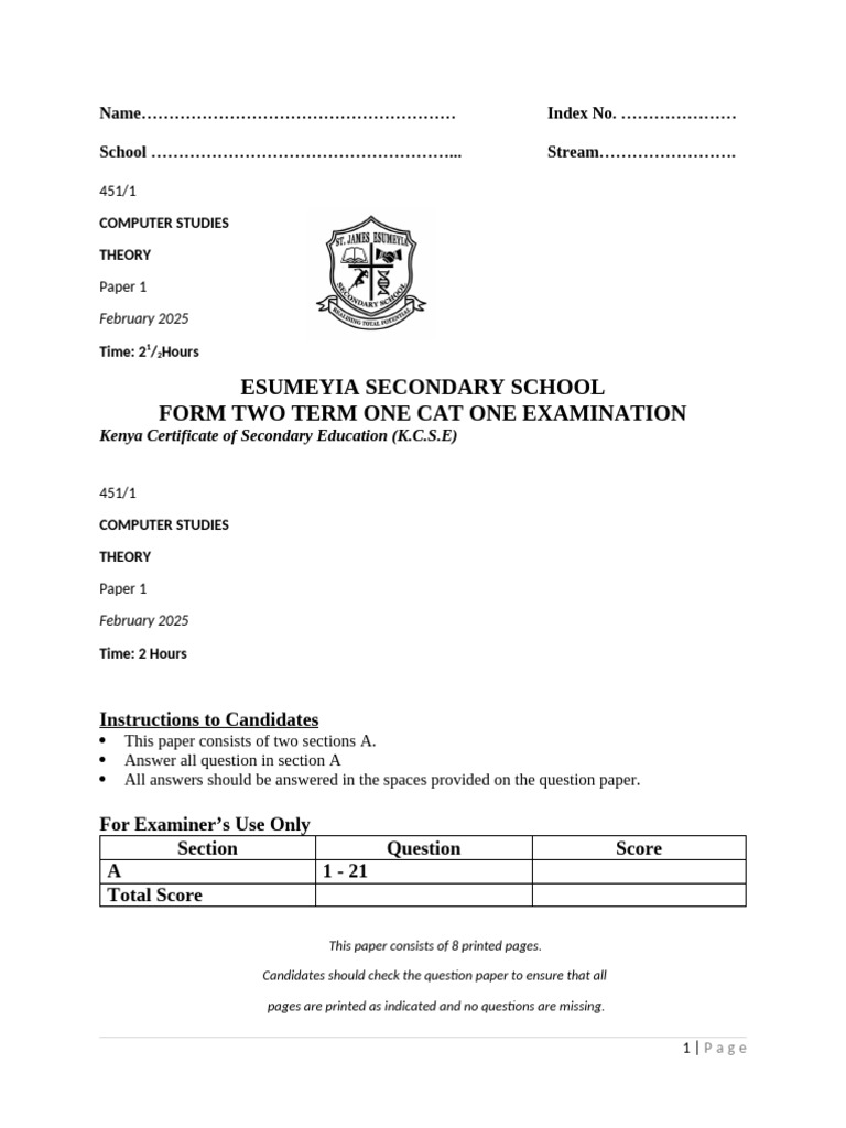 Form Two Computer Studies Exam 2025 | PDF | Computer Science | Computer ...