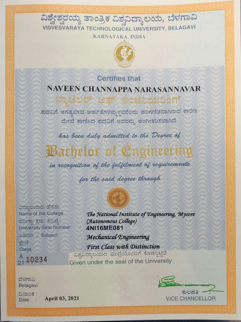 VTU Marksheet for Naveen Channappa | PDF