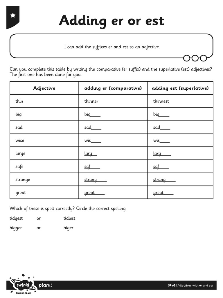T2 E 1903 Y2 Adjectives With Er and Est Adding Er and Est Activity ...