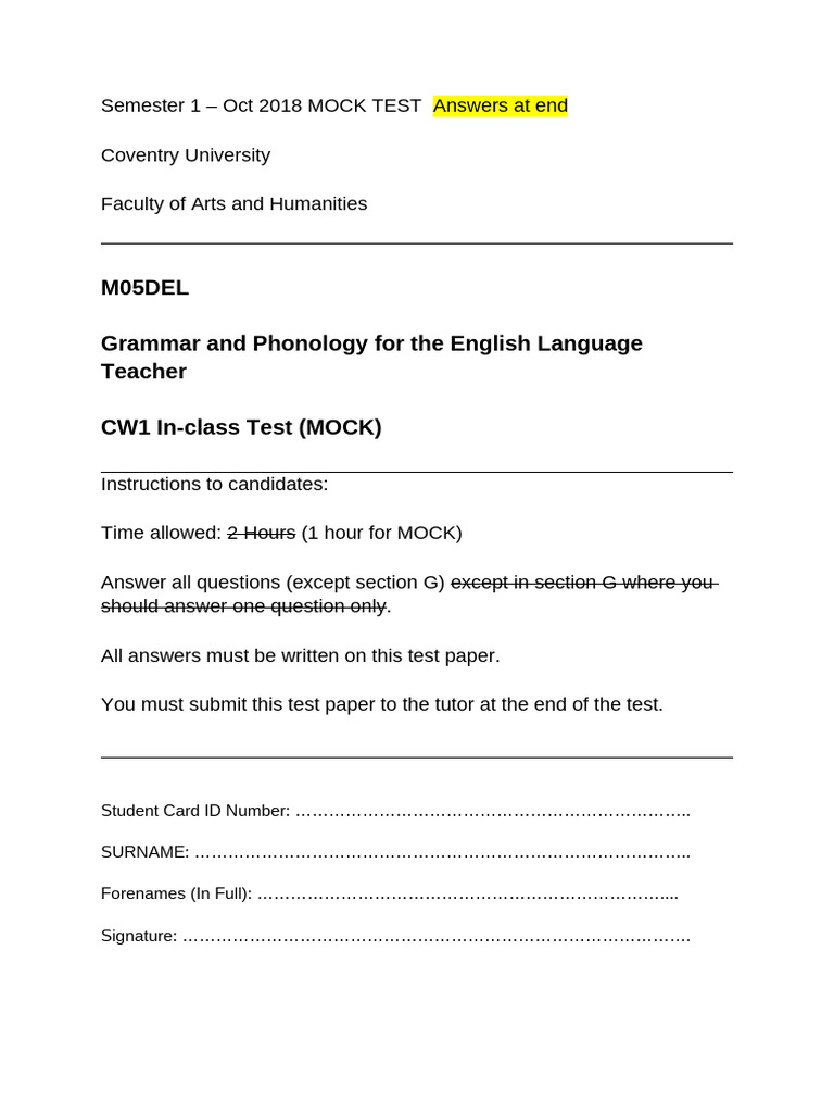 CW1 - In-Class Test - 2018 Oct MOCK | PDF | Phrase | Noun