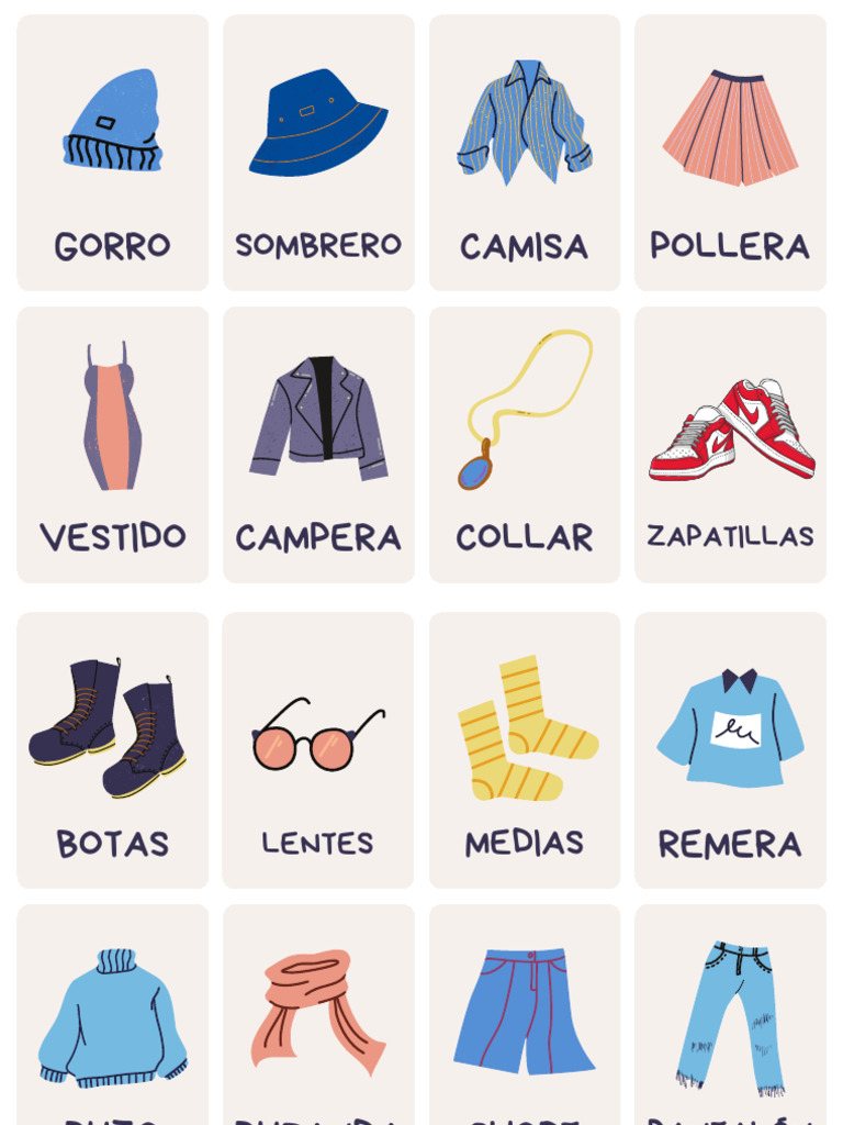 Tarjetas Aprender Vocabulario Ropa Ilustraciones PDF | PDF