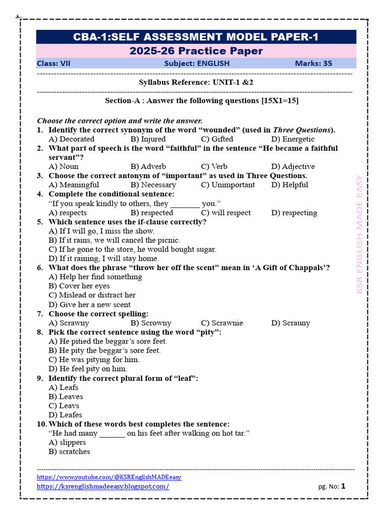 Class 7 English Practice Paper 2025-26 | PDF | Part Of Speech ...