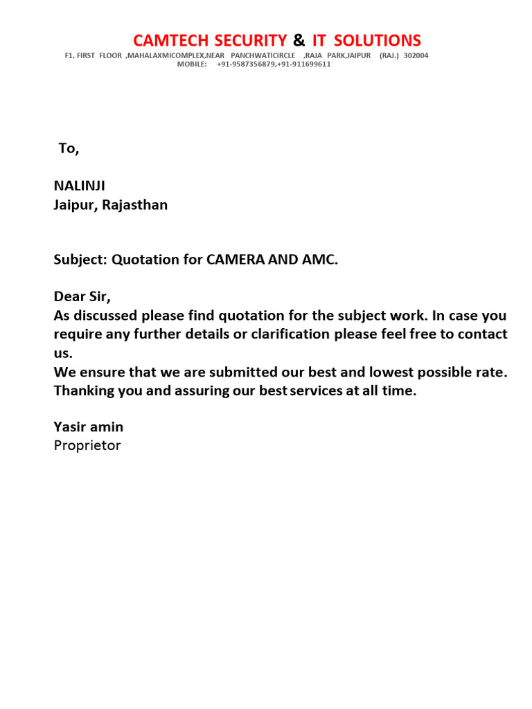 Quotation for Security Cameras & AMC | PDF | Electronics | Information ...