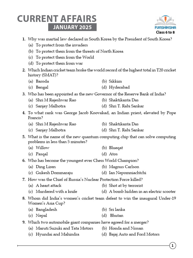 January 2025 Current Affairs Quiz | PDF