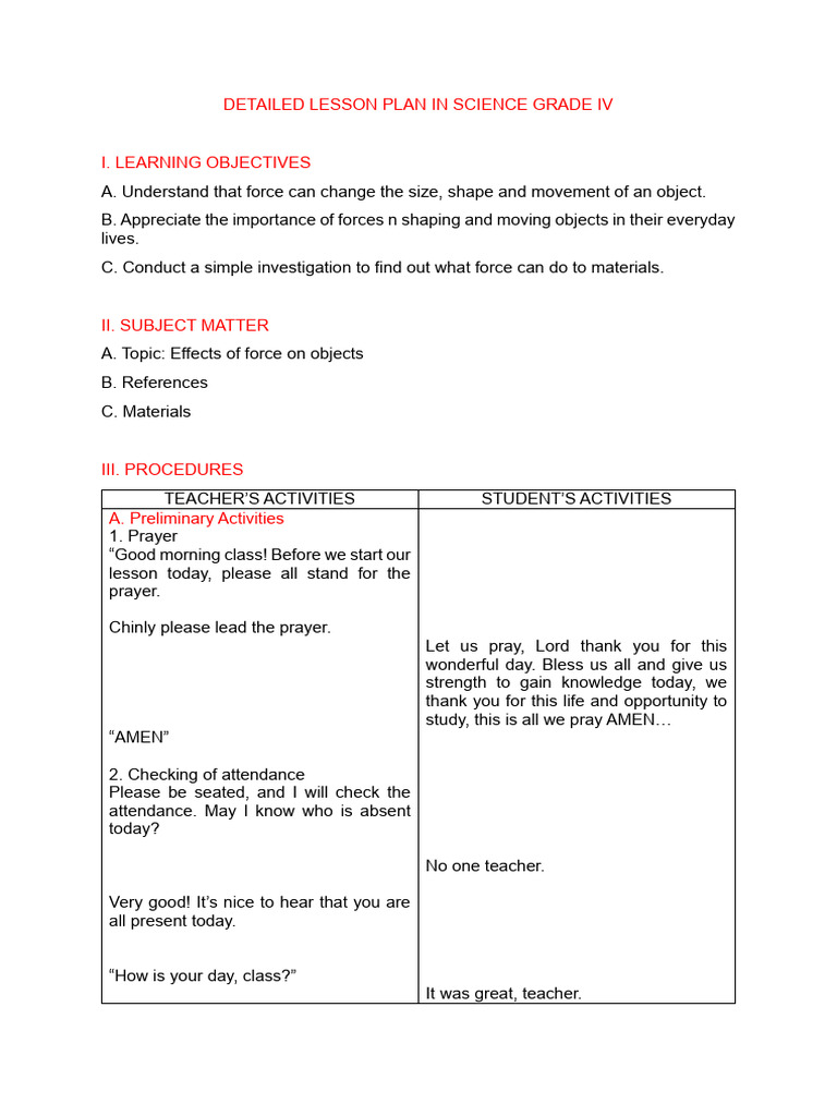 A Detailed Lesson Plan in Science Grade Iv | PDF | Force | Prayer