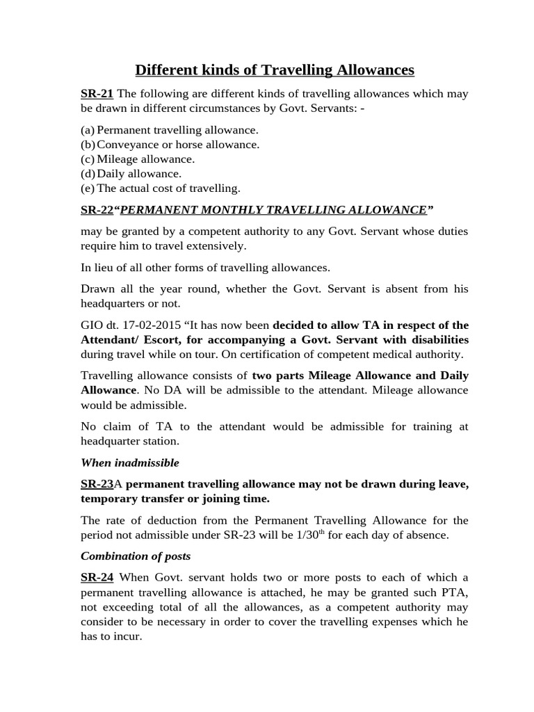 Different Kinds of Travelling Allowances | PDF