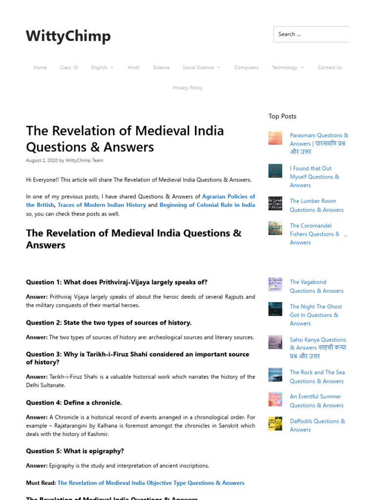 The Revelation of Medieval India Questions & Answers - WittyChimp | PDF