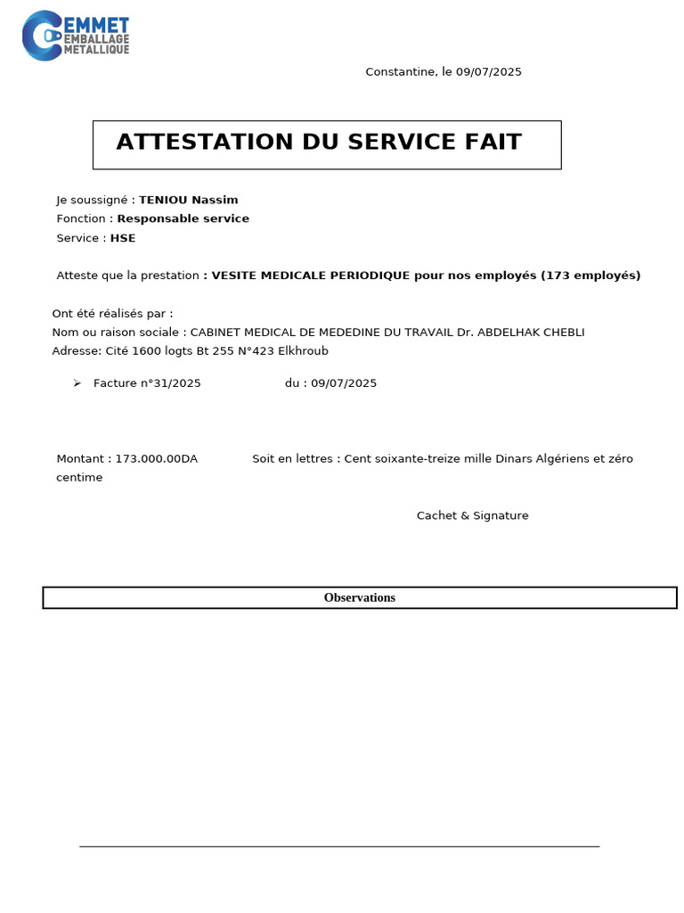 Attestation de Service Fait - Visite Médicale | PDF