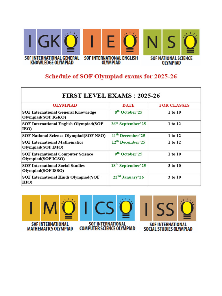 SOF Olympiad Exam Schedule 2025-26 | PDF