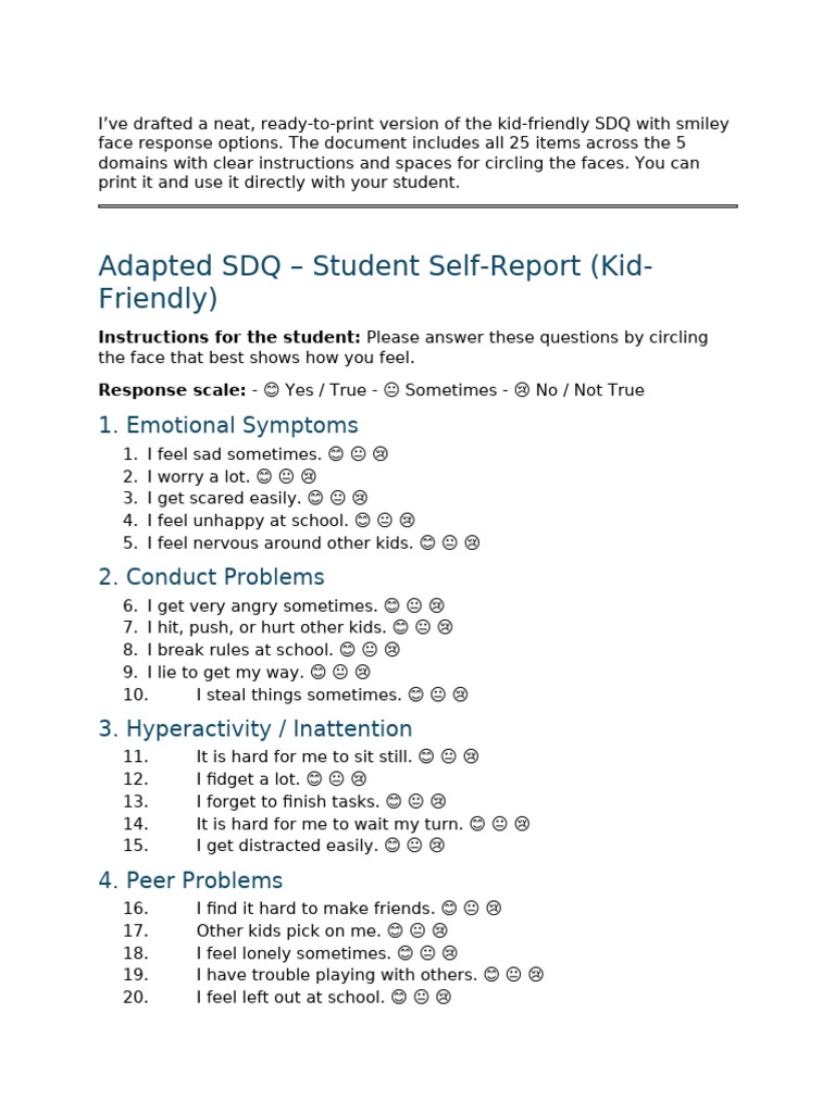 Kid-Friendly SDQ Questionnaire Template | PDF
