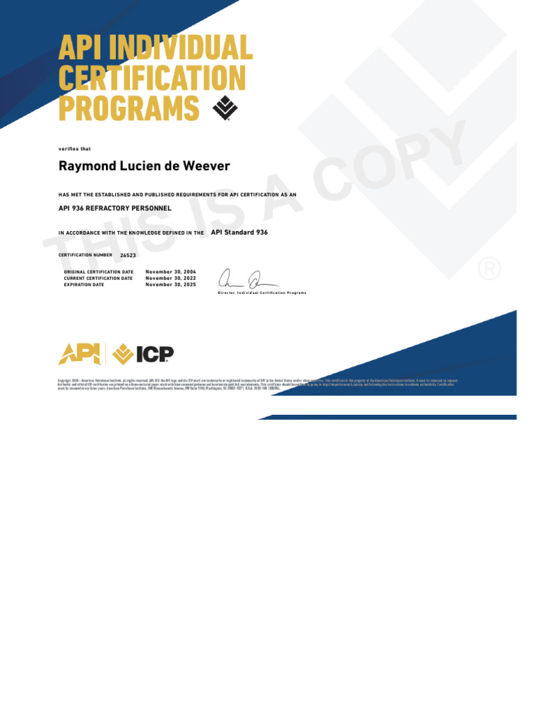 API 936 Certification for Raymond de Weever | PDF