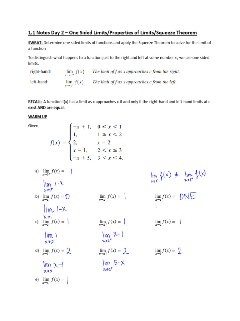 1.1 Day 2 Notes One Sided Limits Squeeze Theorem Props of Limits | PDF ...