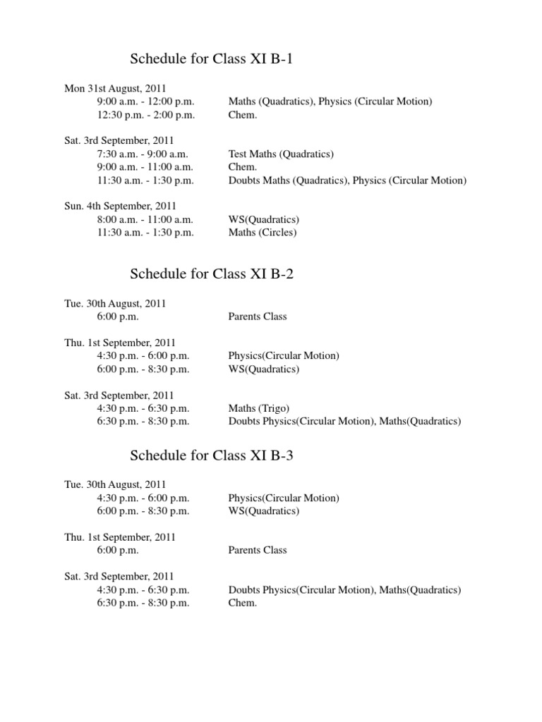 Schedule For Class XI B-1 | PDF