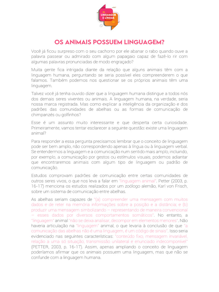 Linguagem Animal: Entendimento e Limites | PDF | Comunicação ...