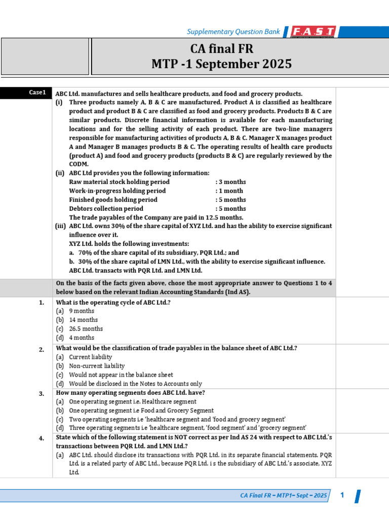 CA Final FR MTP1 Sept 2025 Question Bank | PDF | Book Value | Equity ...