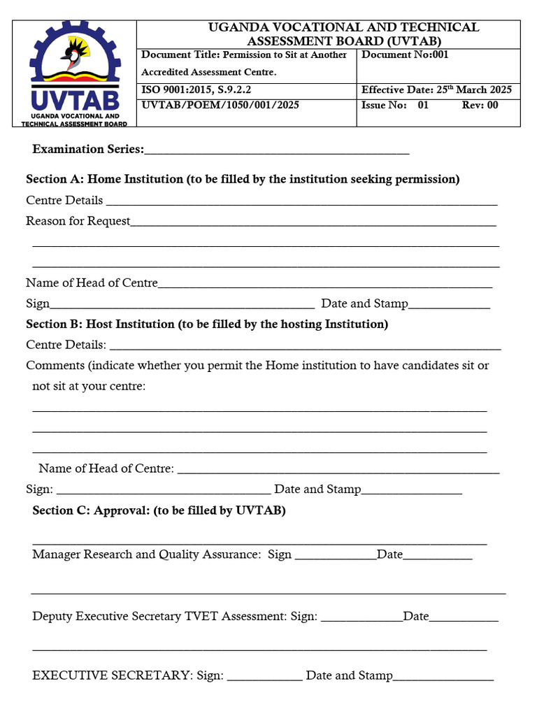 UVTAB Assessment Centre Permission Form | PDF