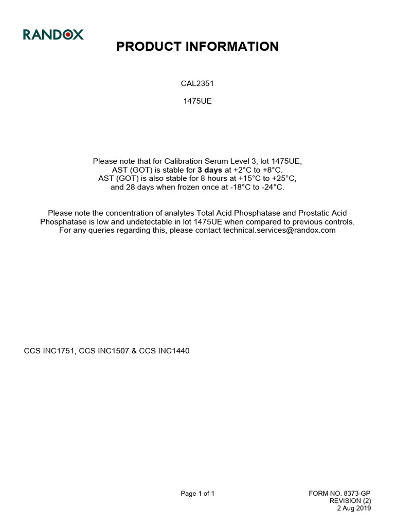 Randox Calibration Serum Level 3 Details | PDF | Magnesium