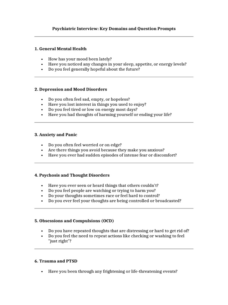 Psychiatric Interview Questions Guide | PDF