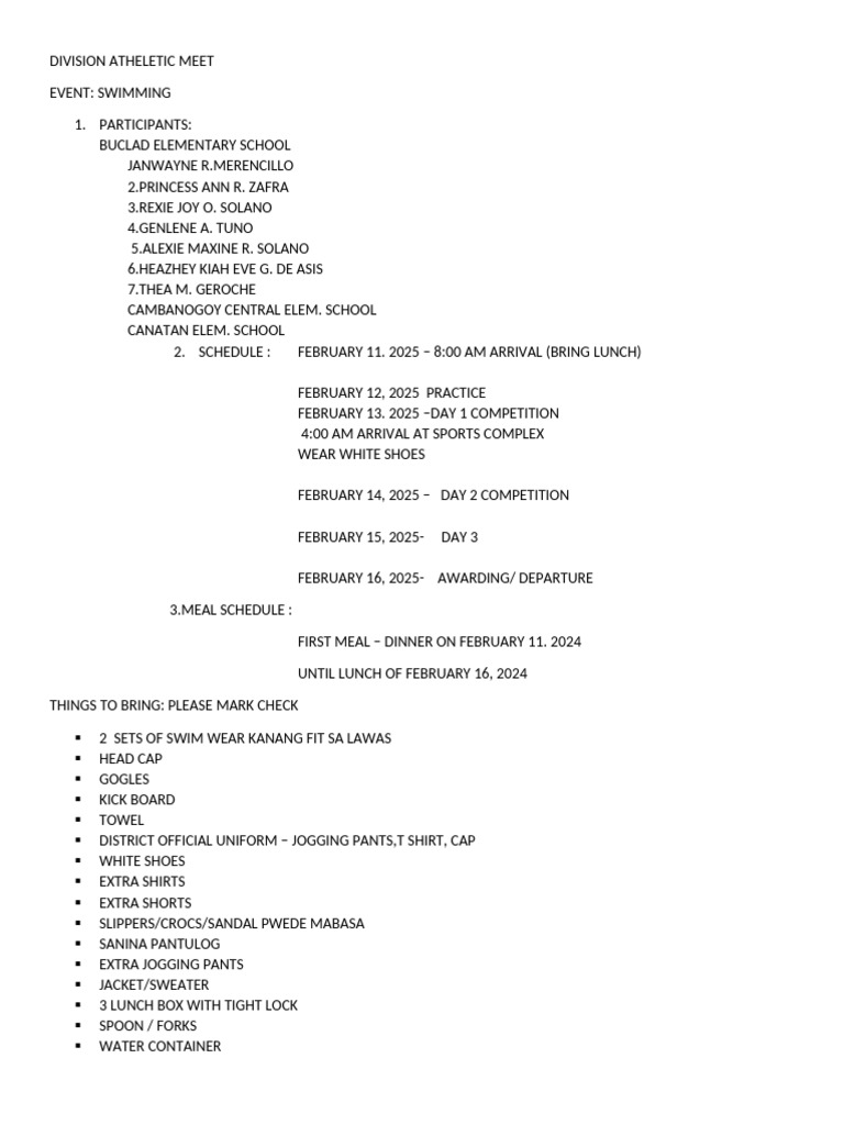 Division Athletic Meet Schedule 2025 | PDF
