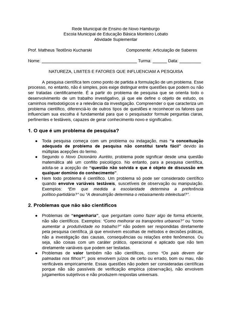 Problemas de Pesquisa Científica | PDF | Science | Método científico