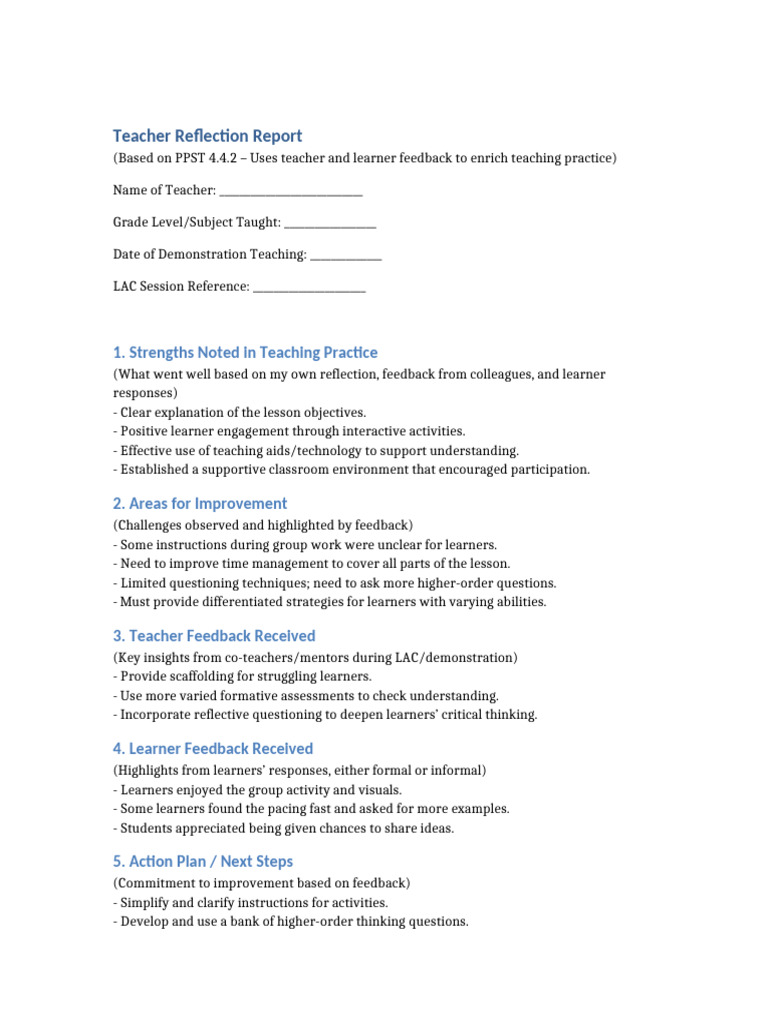 PPST 4.4.2 Teacher Reflection Report | PDF