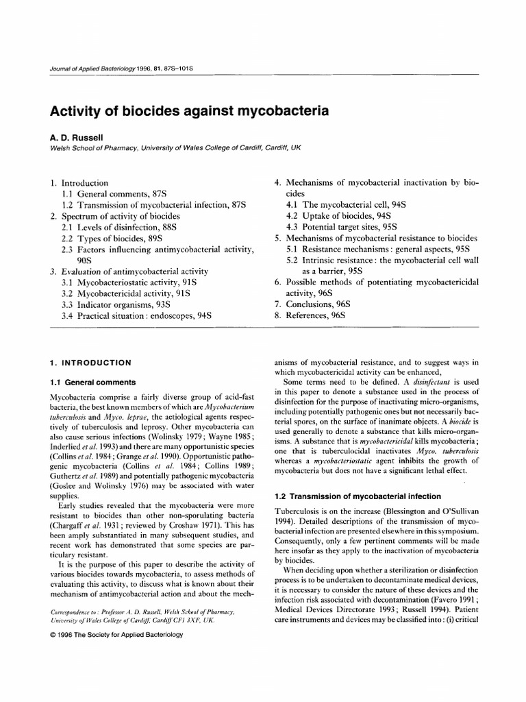 Russell - 1996 - JAB - Activity of Biocides Against Mycobacteria | PDF ...