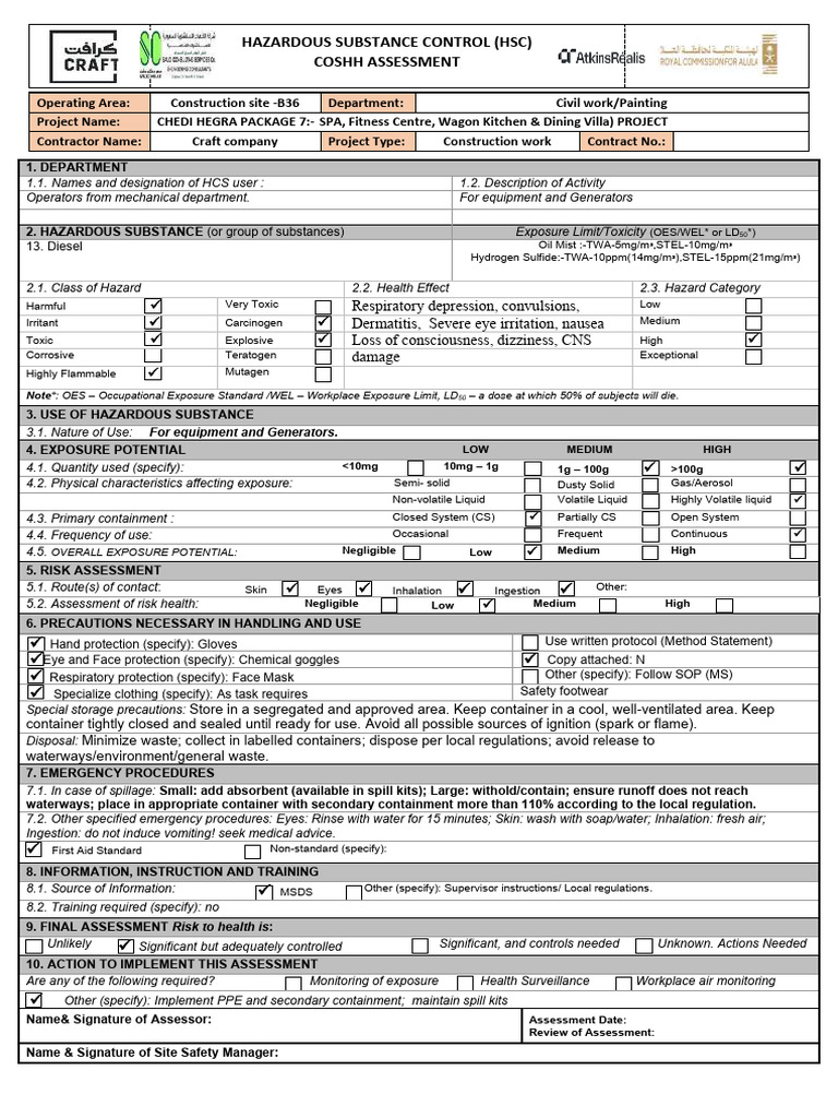 COSHH Assessment for Construction Site | PDF | Toxicity | Hazards