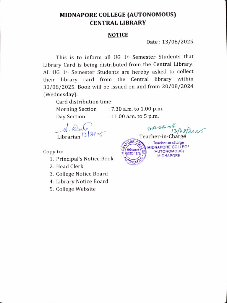 Midnapore College Library Card Distribution | PDF