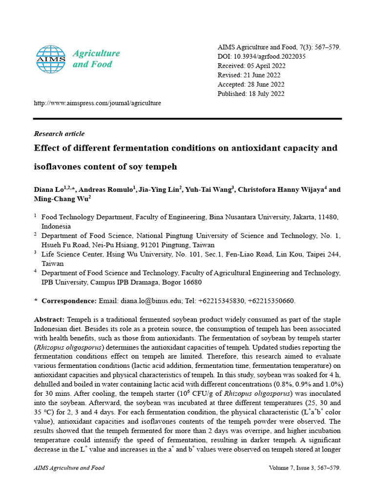 Fermentation Effects on Soy Tempeh Antioxidants | PDF | Soybean | Food ...