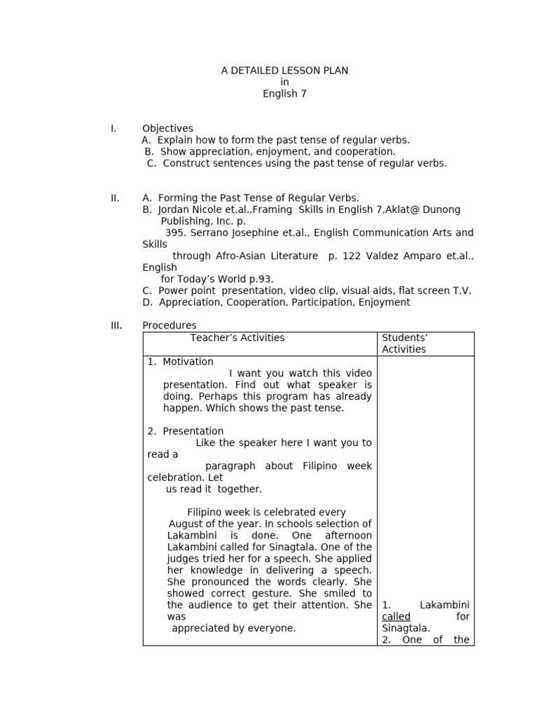 Past Tense Lesson Plan for English 7 | PDF | Grammatical Tense | Verb