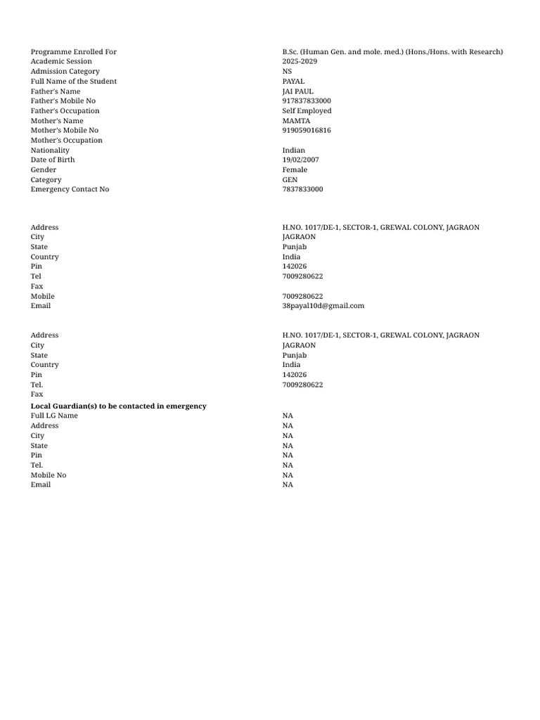 B.Sc. Enrollment Form for Payal | PDF