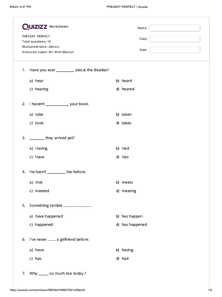 Present Perfect Quizizz Worksheet | PDF | Chess Theory | Chess