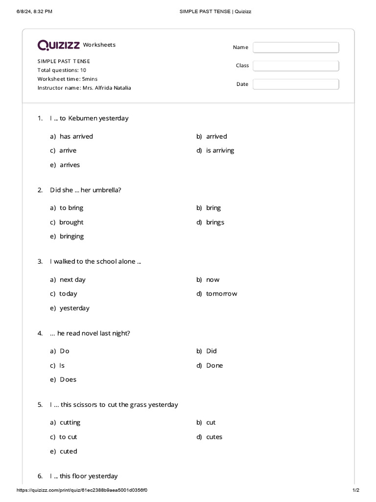 Simple Past Tense Quizizz Worksheet | PDF | Chess | Chess Theory