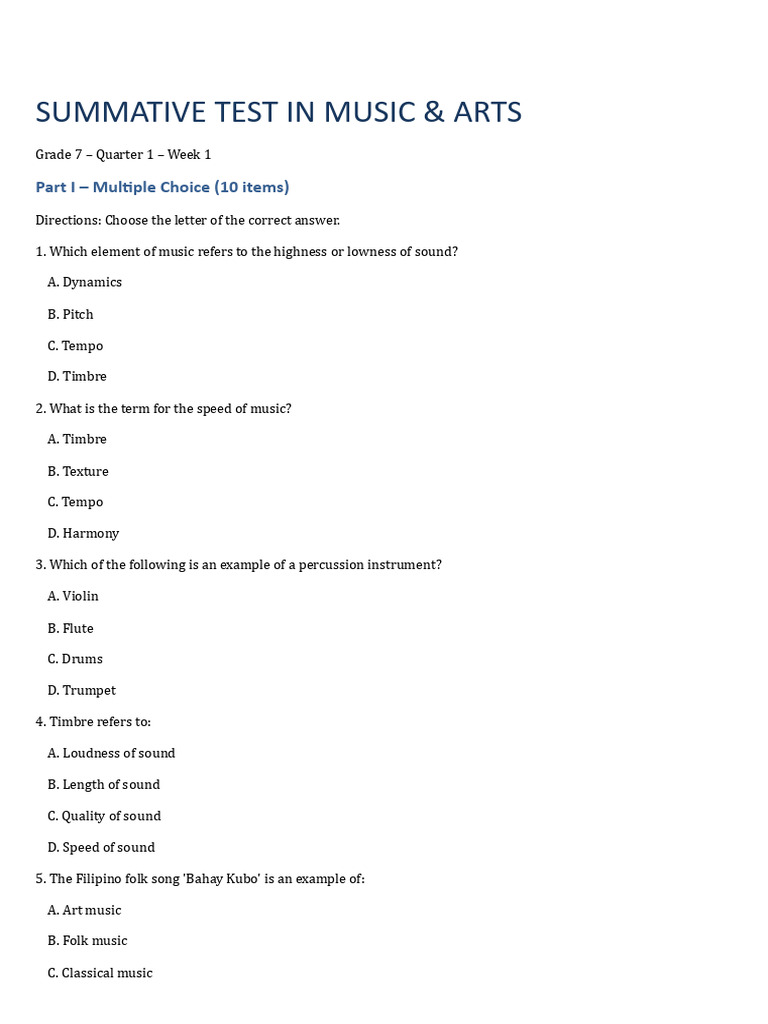 SUMM - TEST MUSIC ARTS 7 Q1 W1.docx - 20250719 - 090248 - 0000 | PDF ...