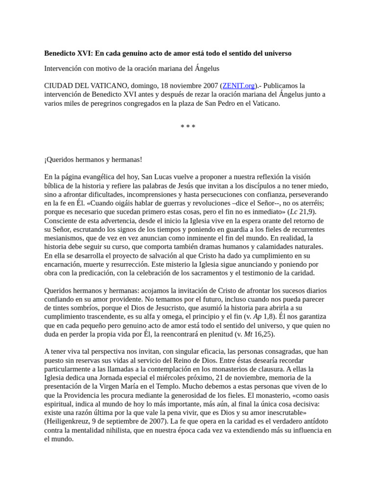 Benedicto XVI - en Cada Genuino Acto de Amor Está Todo El Sentido Del ...