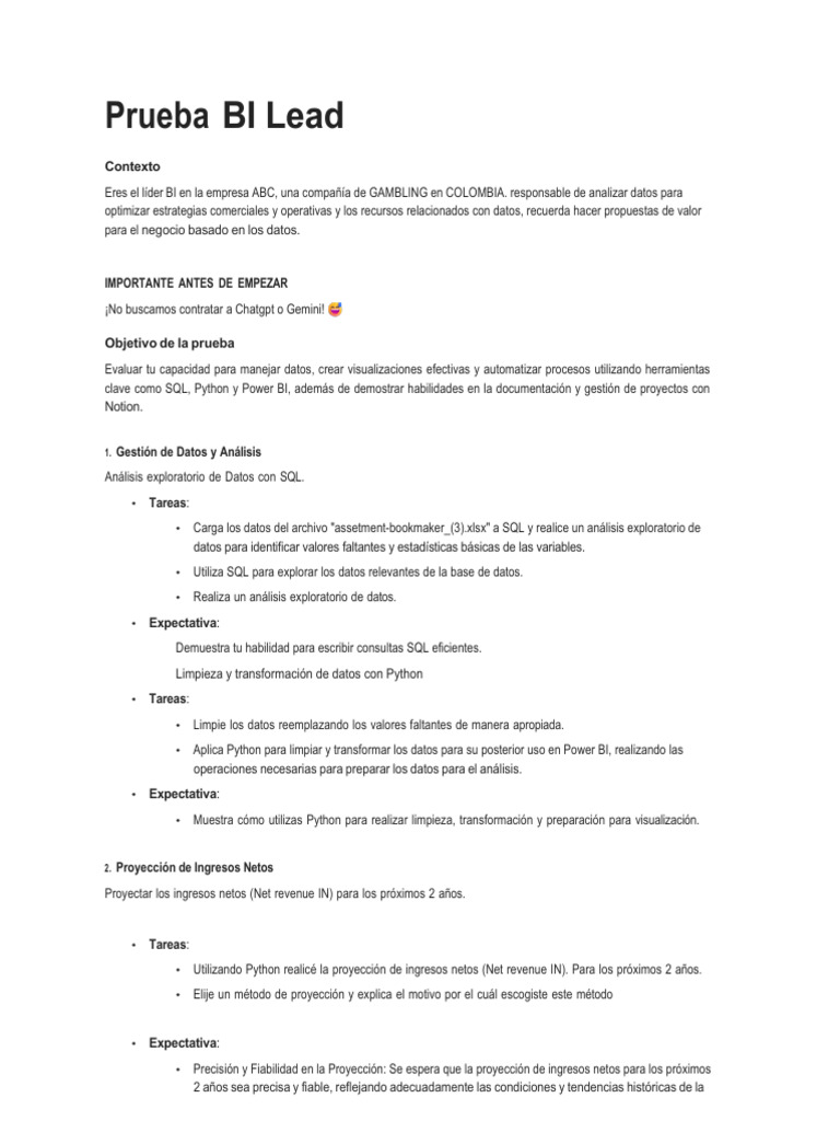 Prueba de Habilidades BI Lead | PDF | SQL | Python (lenguaje de ...