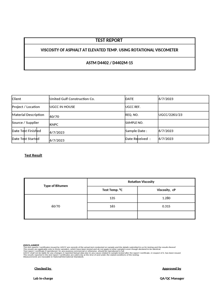 Asphalt Viscosity Test Report | PDF
