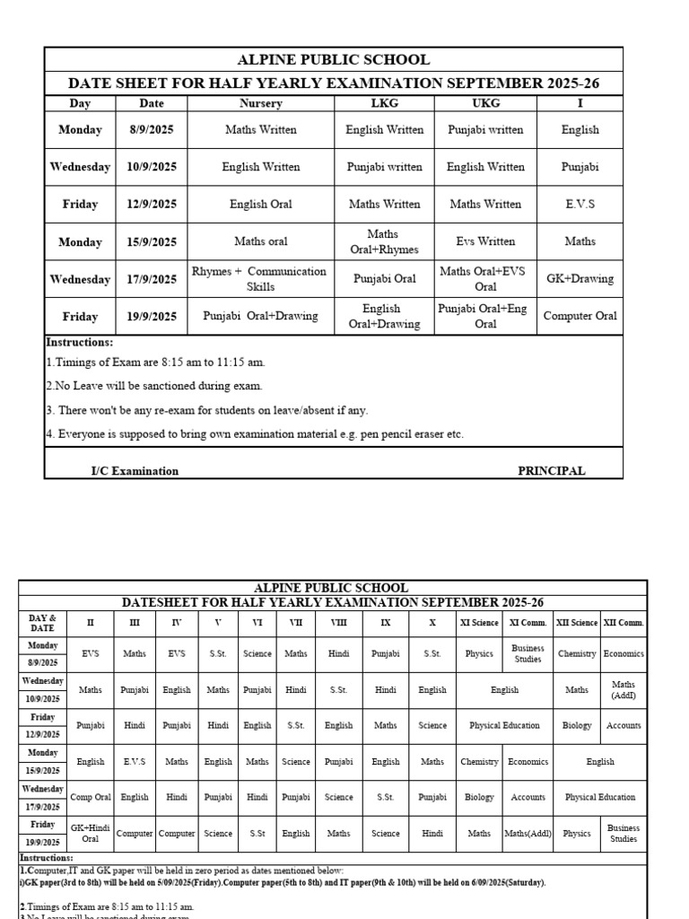 RBSE Half Yearly Exam Date Sheet 2025 | PDF
