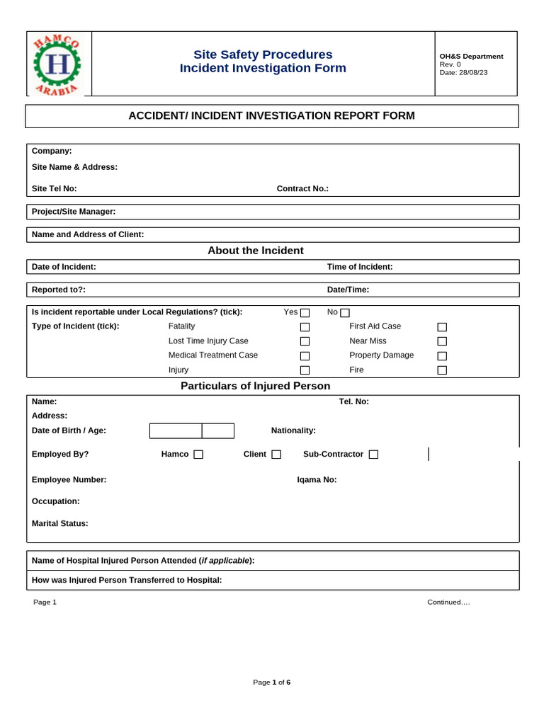Accident or Incident Investigation Report Form | PDF | Burn | Accidents