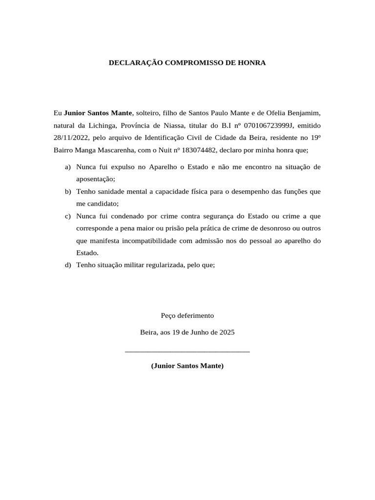 Declaração de Compromisso de Honra | PDF