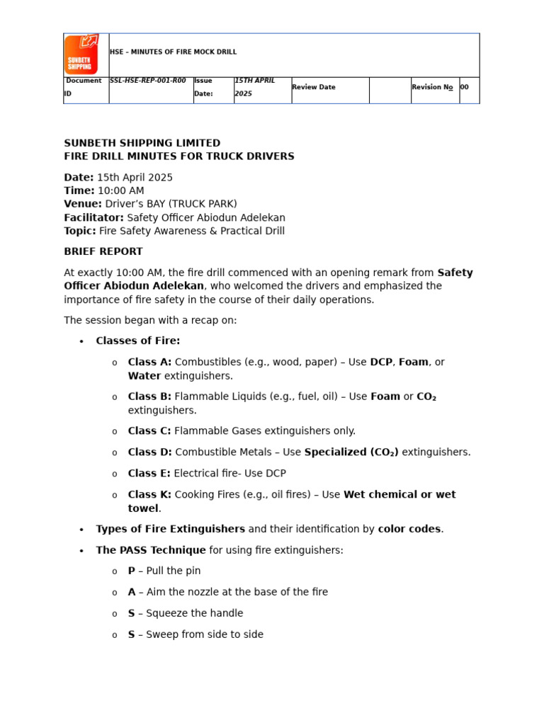 Fire Safety Drill Minutes for Drivers | PDF | Fires | Hazards