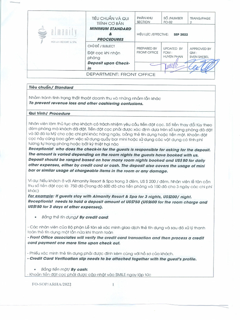 Fo-02 Deposit Upon Check in | PDF