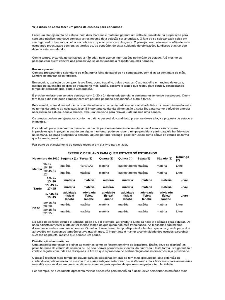 Dicas para Plano de Estudos em Concursos | PDF | Tempo | Matéria