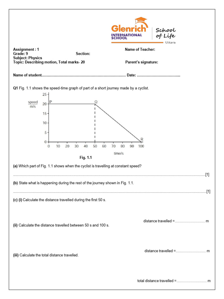 Physics Motion Assignment for Grade 9 | PDF | Force | Brake