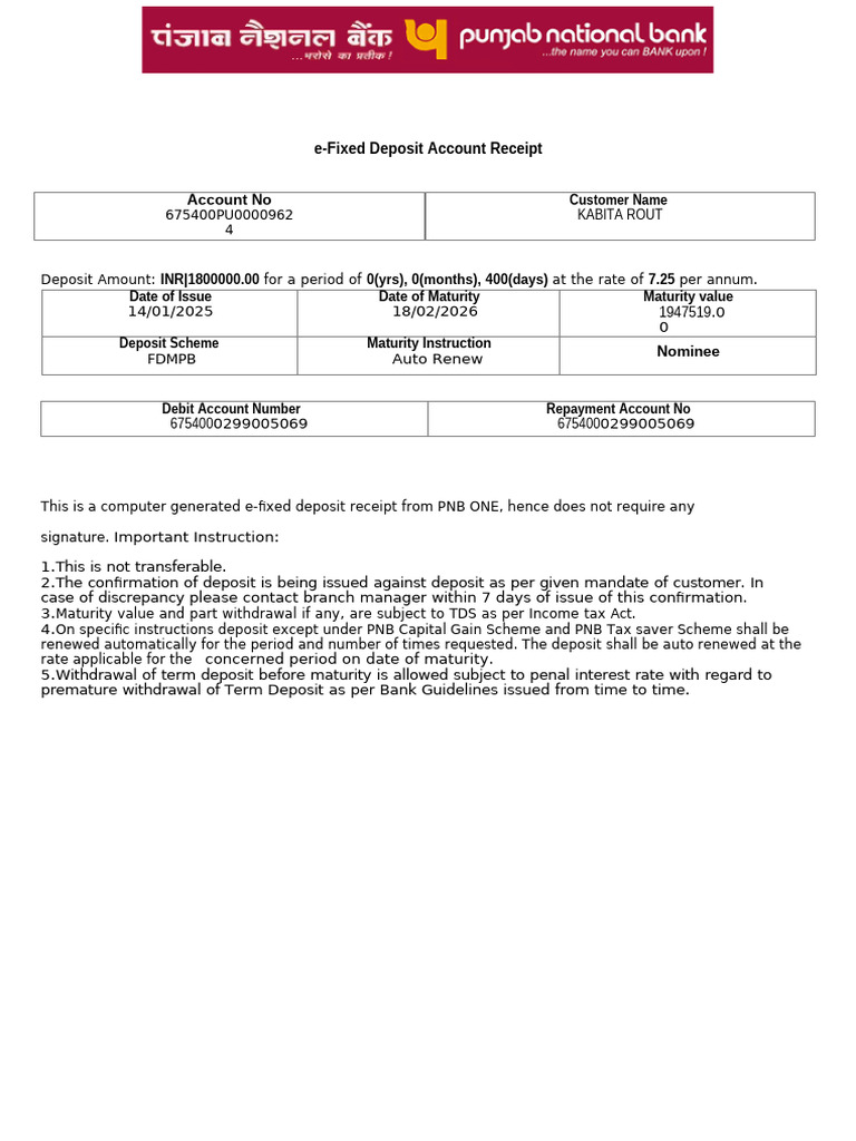e-Fixed Deposit Receipt for Kabita Rout | PDF