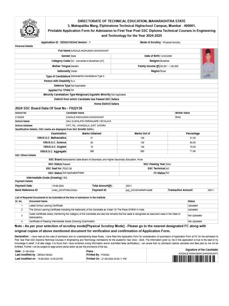 Maharashtra Diploma Admission Form 2024 | PDF | Educational Stages